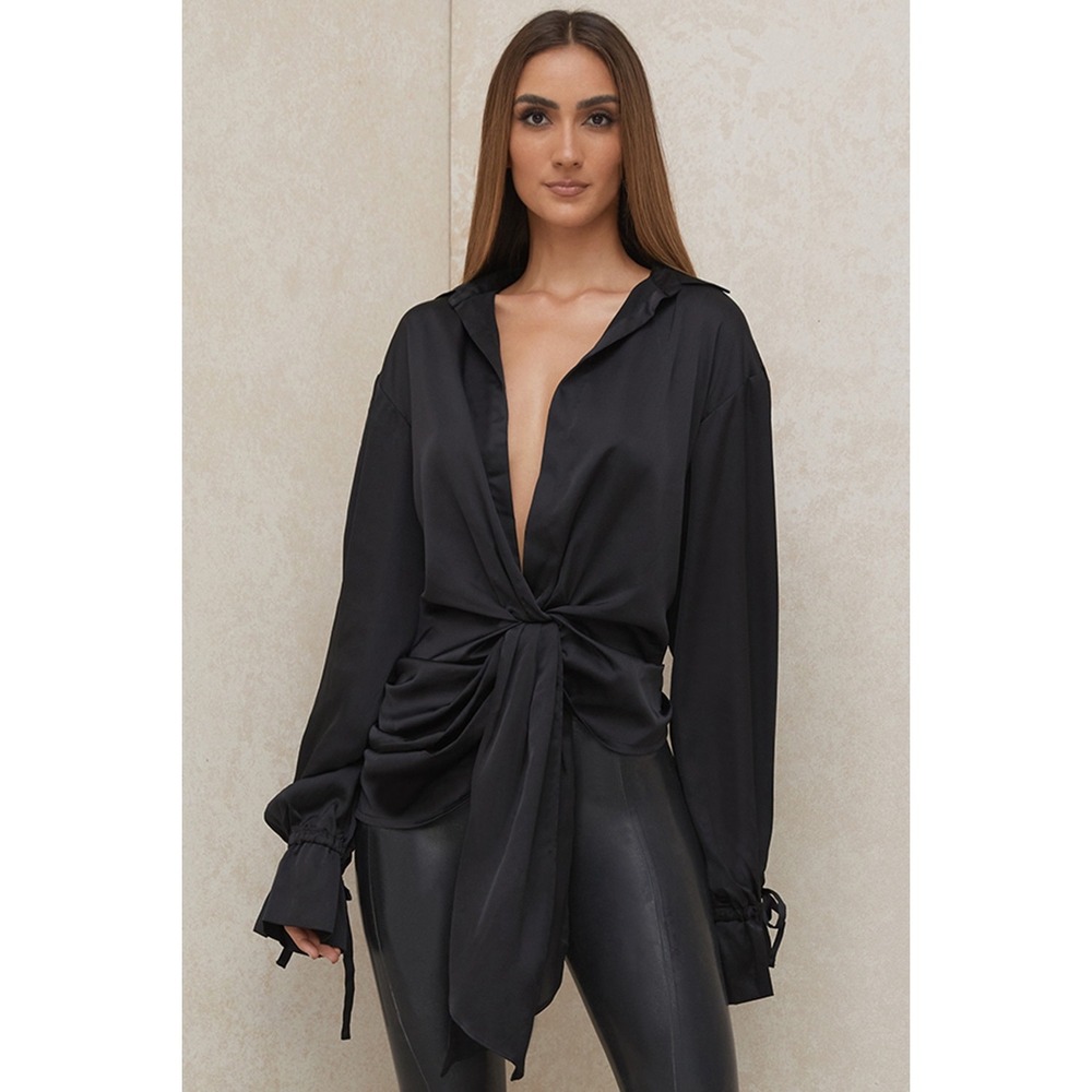 House of CB Payton Black Satin Drape Shirt XS Plunge Neck